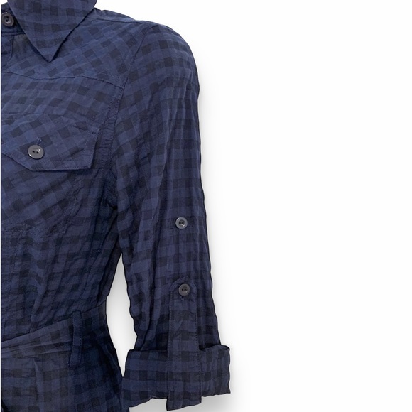 Solemio | NWOT Shirt Dress Tunic Blouse Tie Waist Blue-Black Checkered  S - Picture 11 of 16